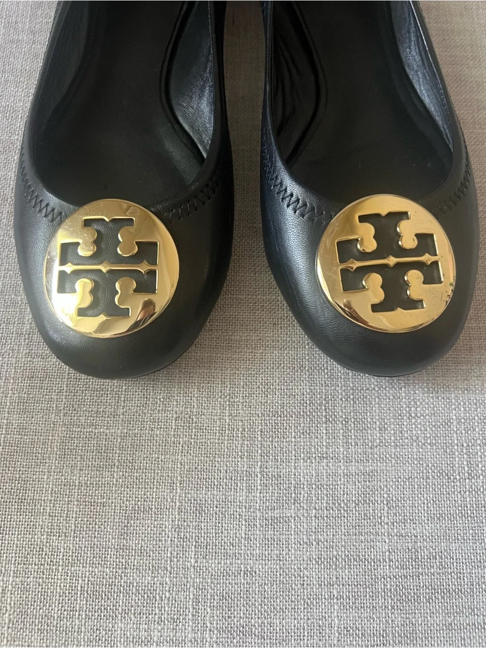Tory Burch Black Reva Leather Ballet Flats Gold Logo, women’s size 7.5,